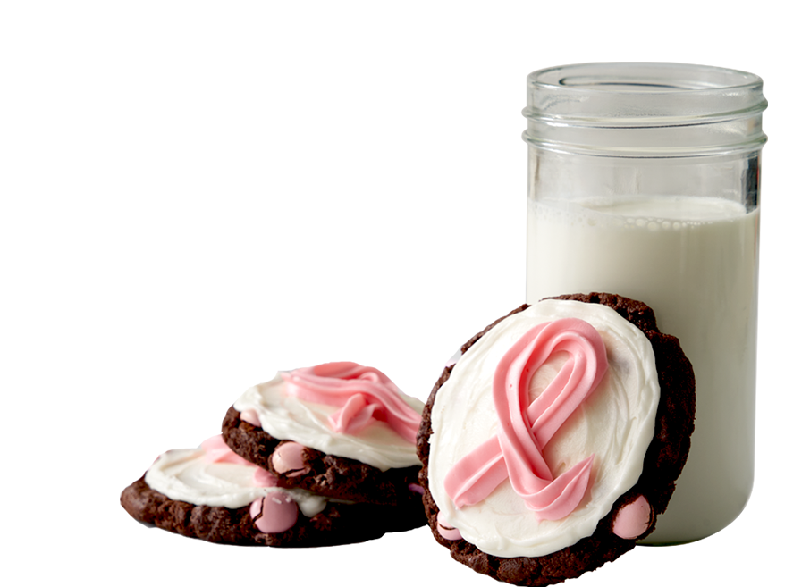 pink ribbon cookie and glass of milk