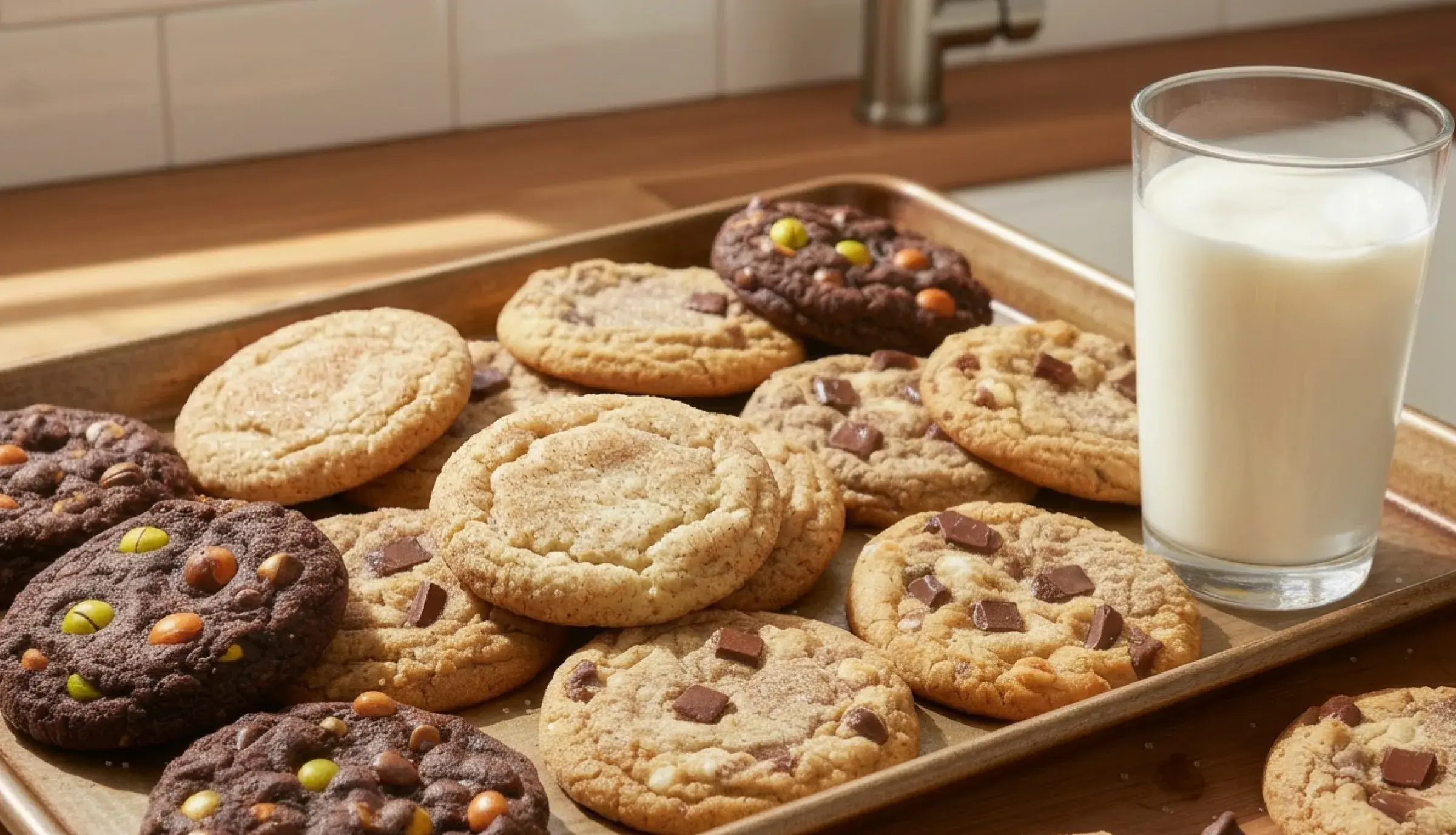 tray of chocolate chip cookies with glass of milk